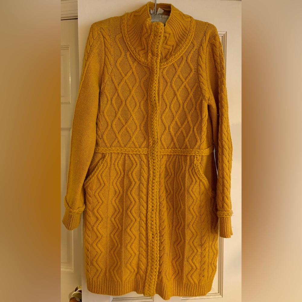 Anthropology Long Sweater Coat in Gold.